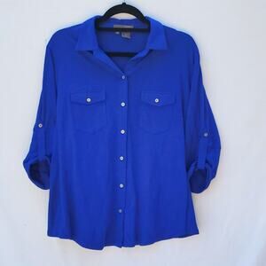 Sandra Womens XL Blue 3/4 Roll Sleeve Button Front Collar Shirt Top